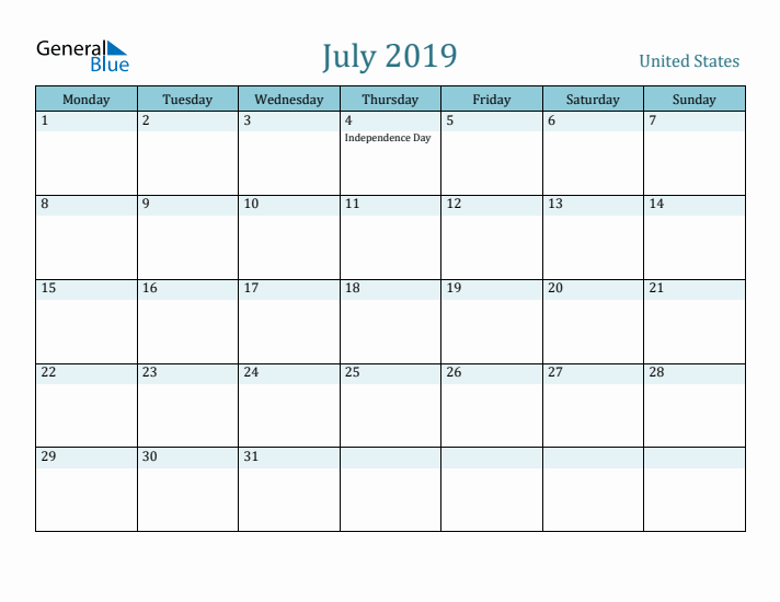 July 2019 Calendar with Holidays