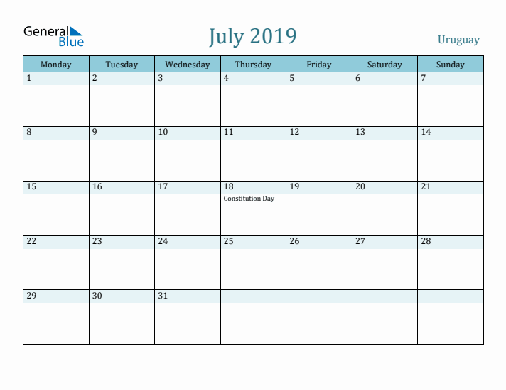 July 2019 Calendar with Holidays