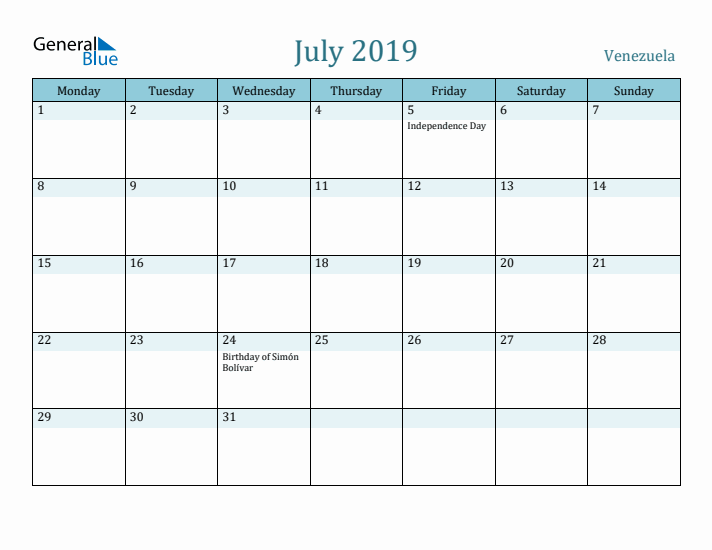 July 2019 Calendar with Holidays