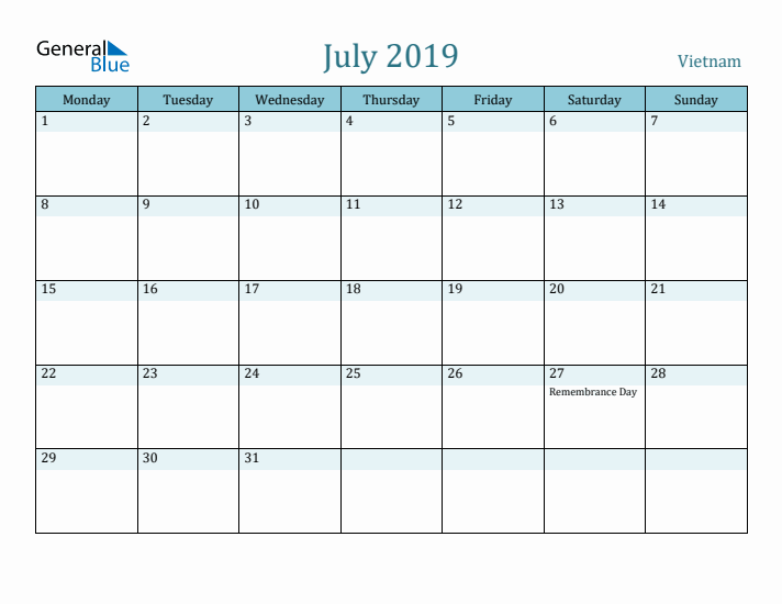 July 2019 Calendar with Holidays