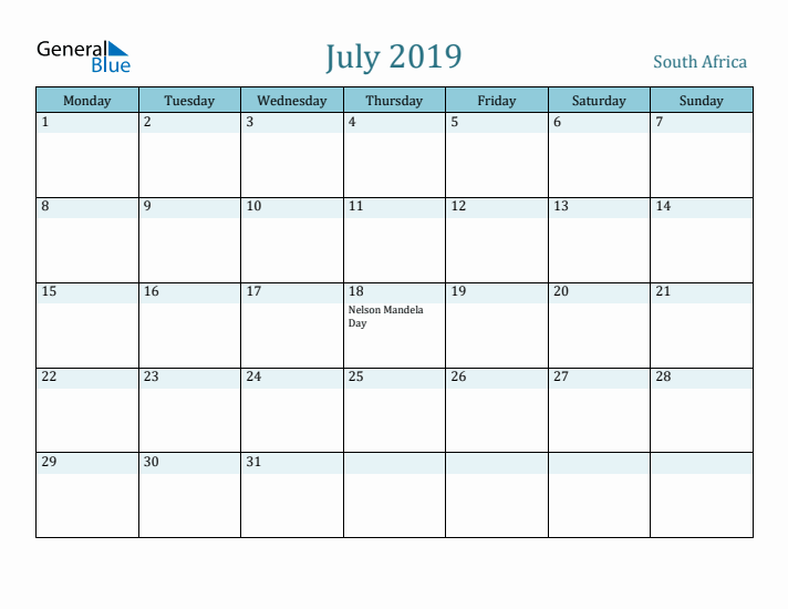 July 2019 Calendar with Holidays