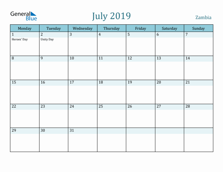 July 2019 Calendar with Holidays