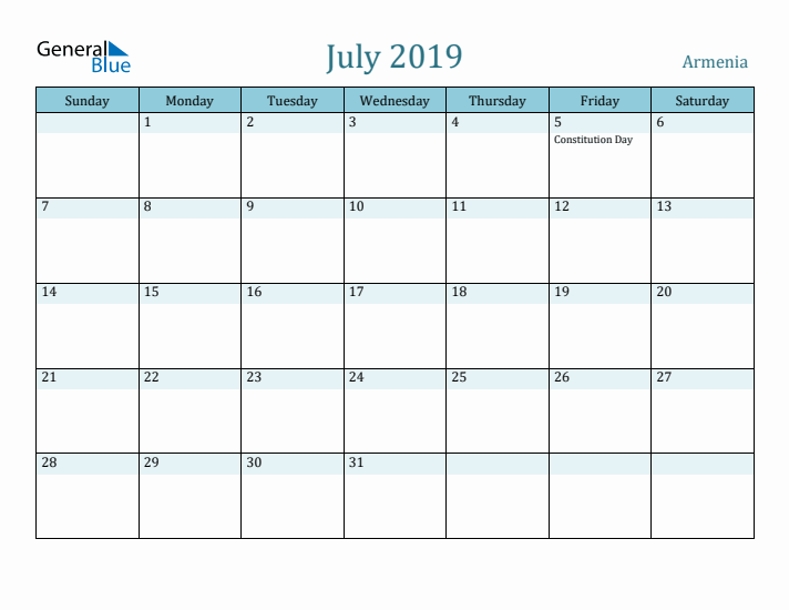 July 2019 Calendar with Holidays