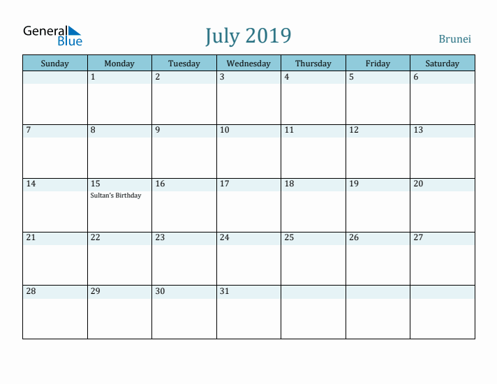 July 2019 Calendar with Holidays