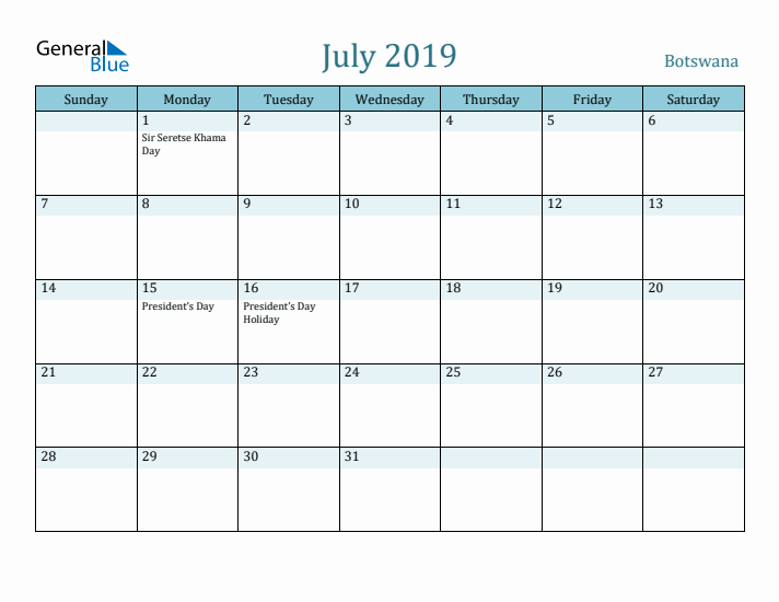 July 2019 Calendar with Holidays