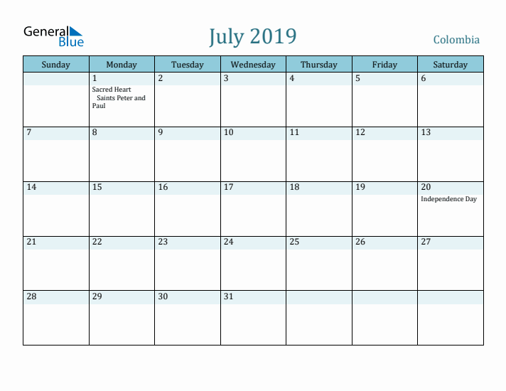 July 2019 Calendar with Holidays