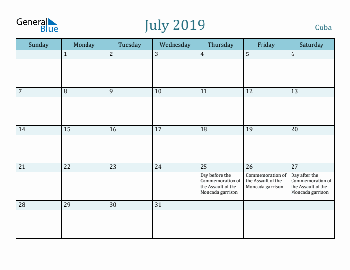 July 2019 Calendar with Holidays