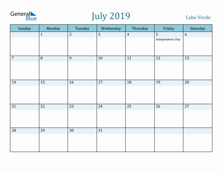 July 2019 Calendar with Holidays