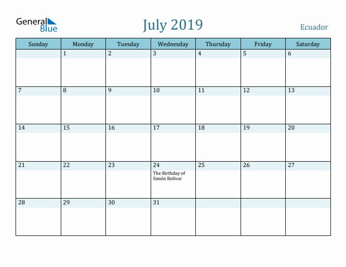 July 2019 Calendar with Holidays