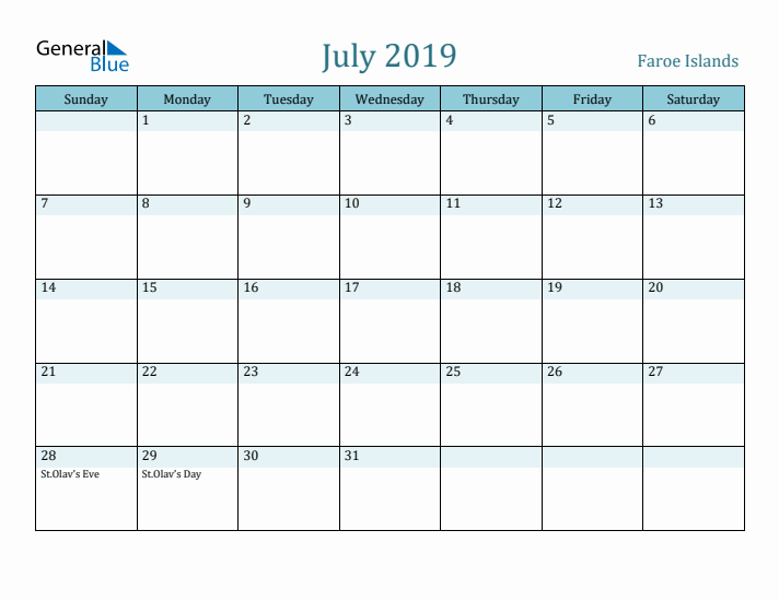 July 2019 Calendar with Holidays