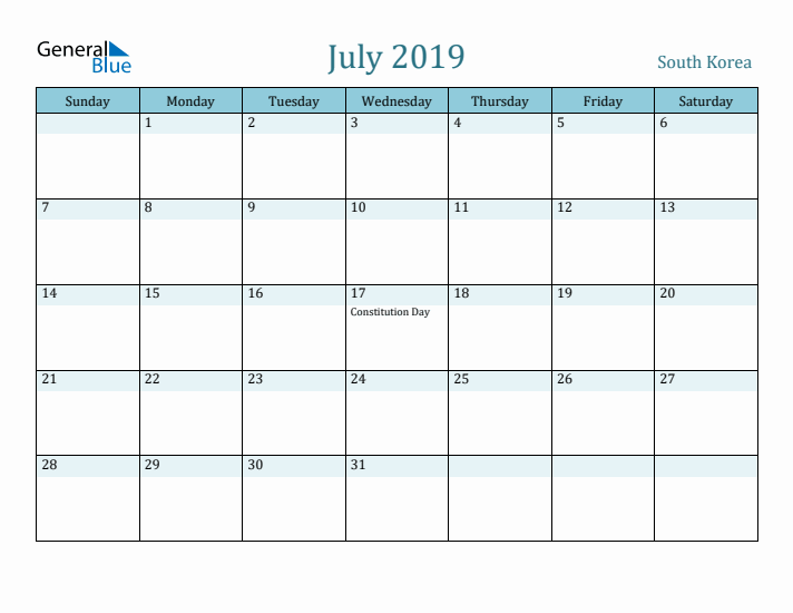 July 2019 Calendar with Holidays