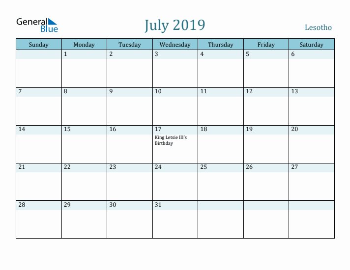 July 2019 Calendar with Holidays