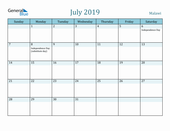 July 2019 Calendar with Holidays