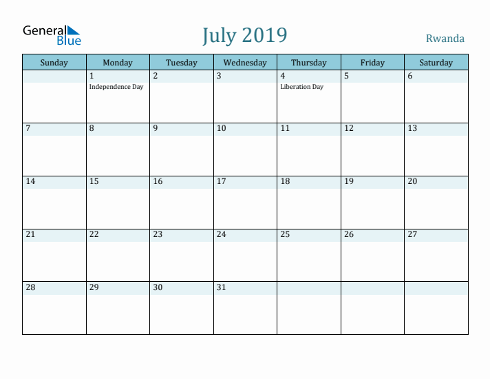 July 2019 Calendar with Holidays