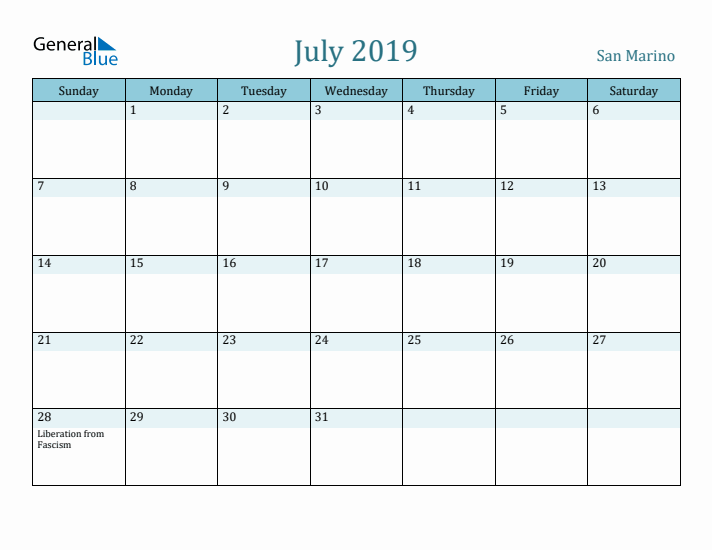 July 2019 Calendar with Holidays