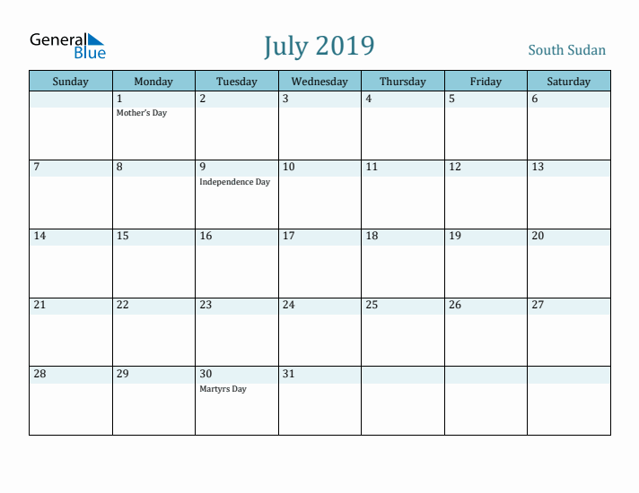 July 2019 Calendar with Holidays