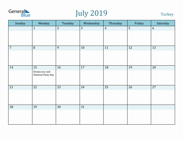 July 2019 Calendar with Holidays