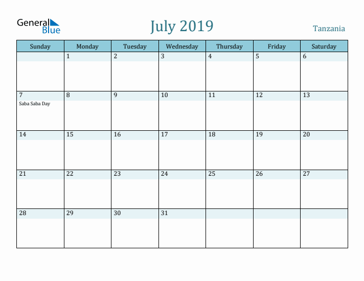 July 2019 Calendar with Holidays