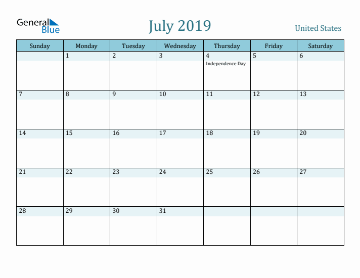 July 2019 Calendar with Holidays