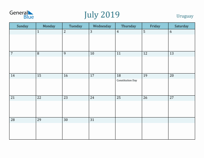 July 2019 Calendar with Holidays