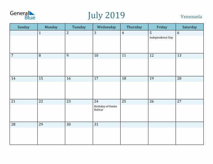 July 2019 Calendar with Holidays