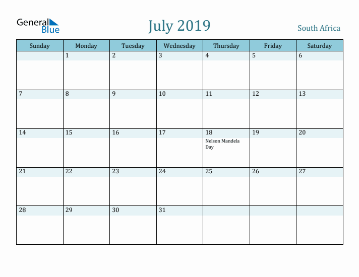 July 2019 Calendar with Holidays