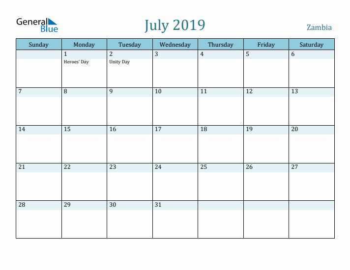 July 2019 Calendar with Holidays