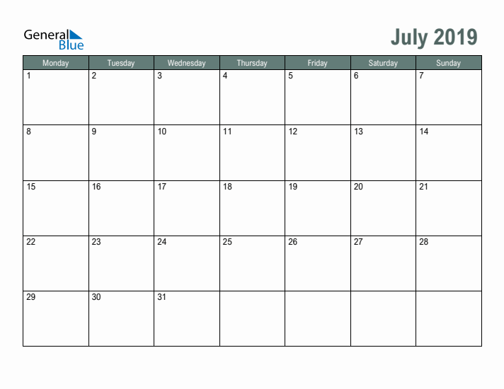 Free Printable July 2019 Calendar