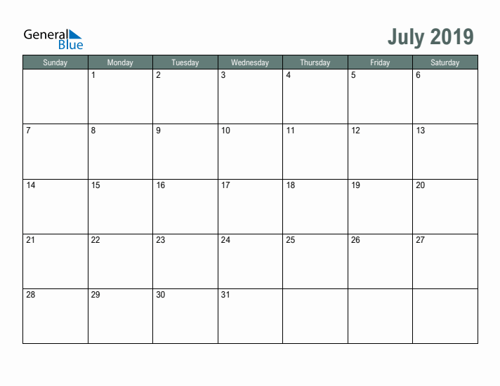 Free Printable July 2019 Calendar