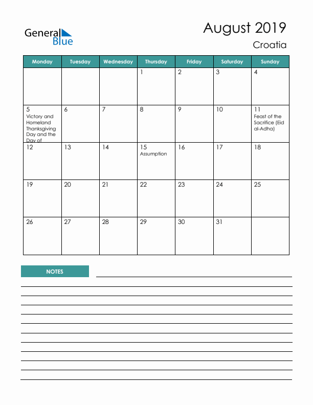 Calendar with Notes Printable - Monday Start