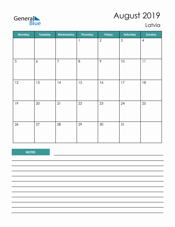 Calendar with Notes Printable - Monday Start