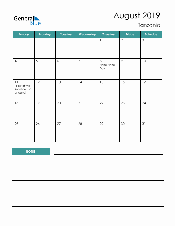 Calendar with Notes Printable - Sunday Start