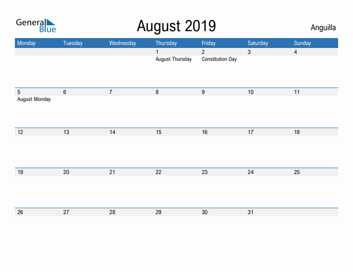 Fillable August 2019 Calendar