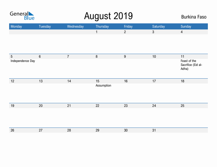 Fillable August 2019 Calendar