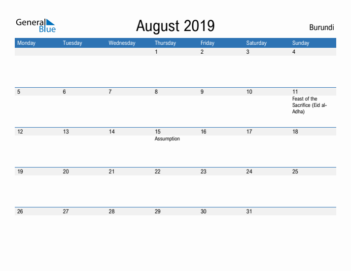 Fillable August 2019 Calendar