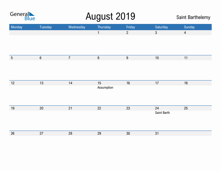 Fillable August 2019 Calendar