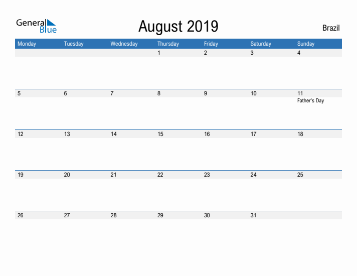 Fillable August 2019 Calendar