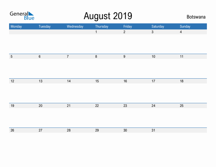 Fillable August 2019 Calendar