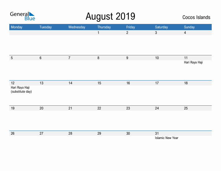 Fillable August 2019 Calendar