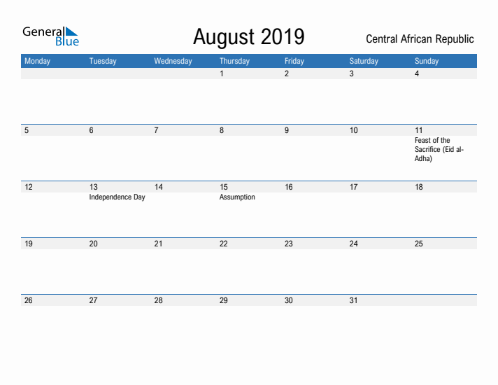 Fillable August 2019 Calendar