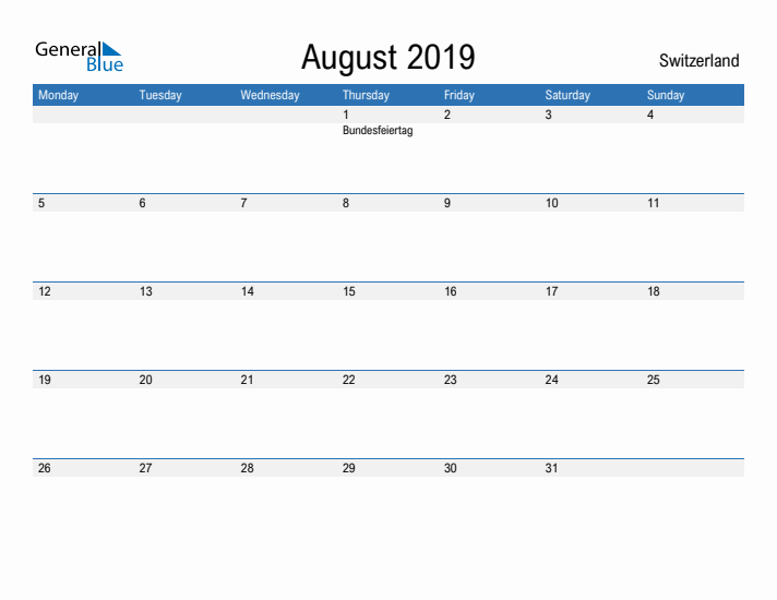 Fillable August 2019 Calendar