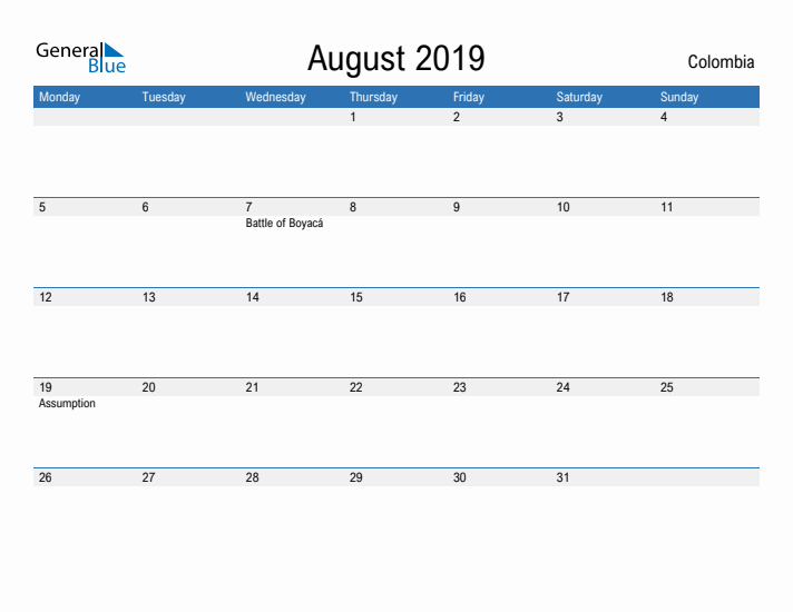 Fillable August 2019 Calendar