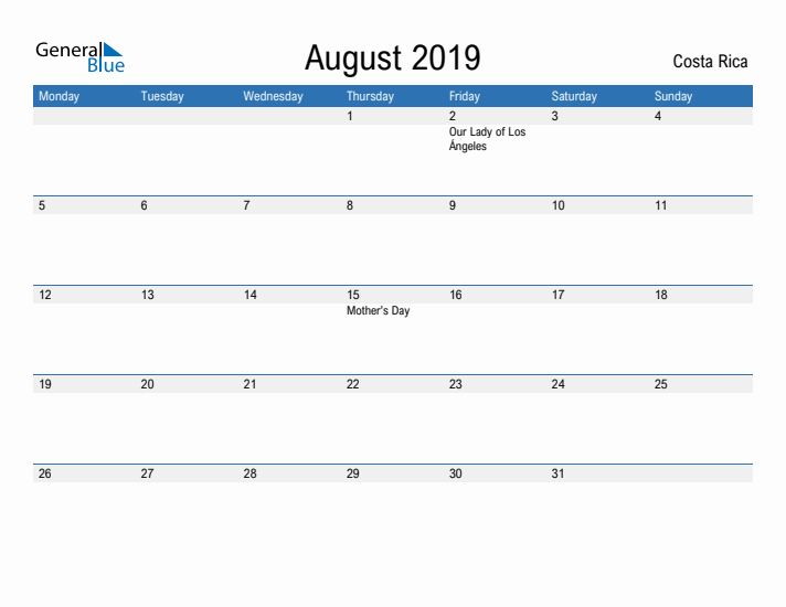 Fillable August 2019 Calendar