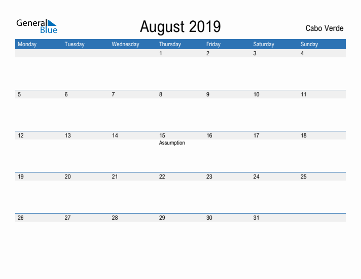 Fillable August 2019 Calendar