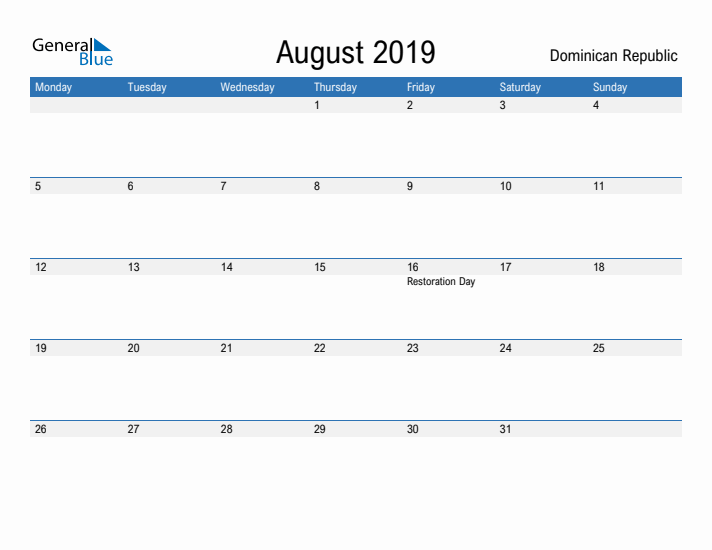 Fillable August 2019 Calendar