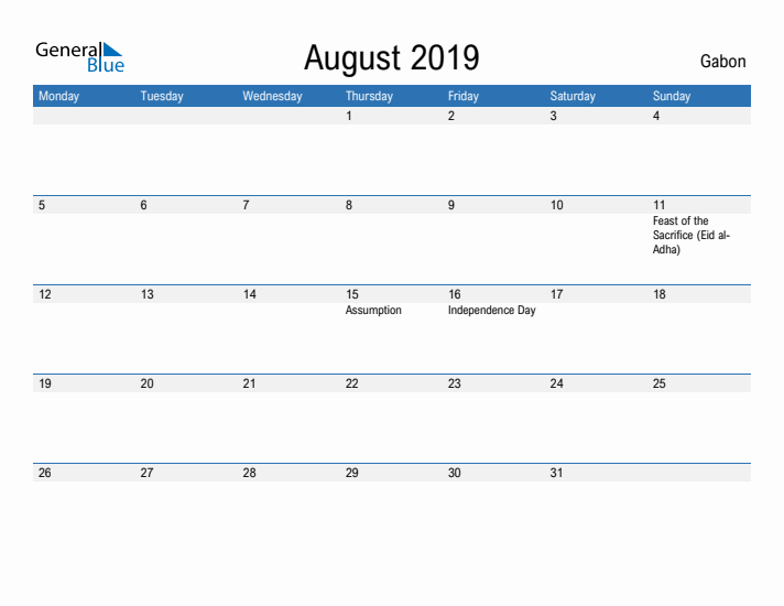 Fillable August 2019 Calendar