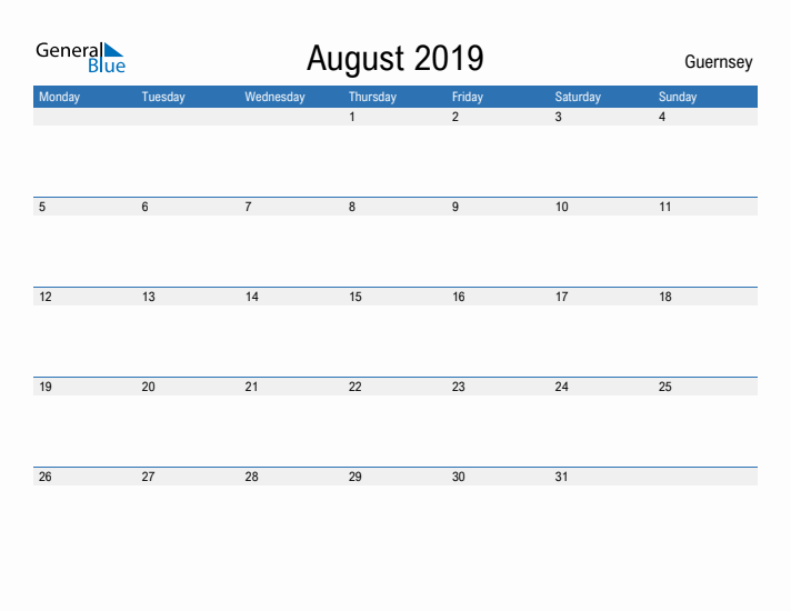 Fillable August 2019 Calendar