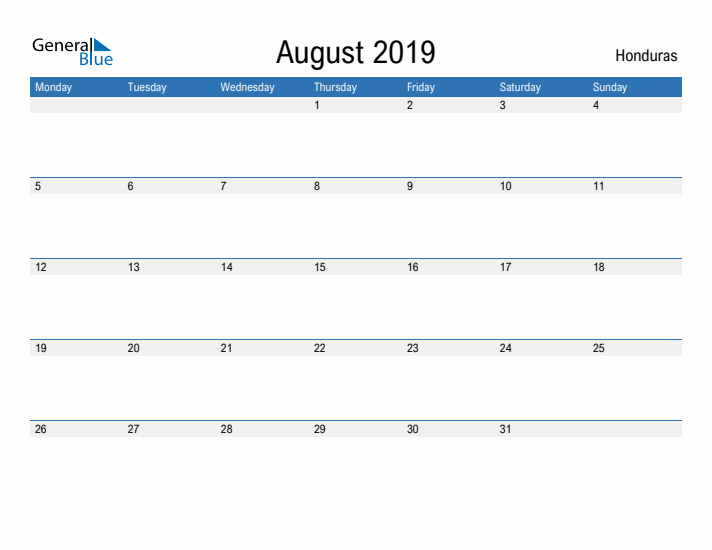 Fillable August 2019 Calendar