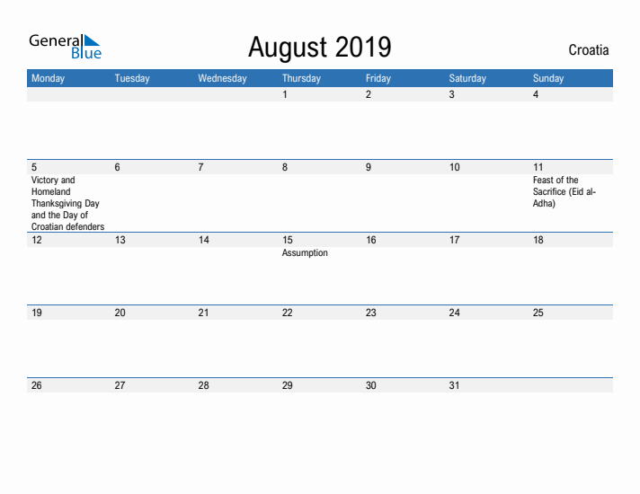 Fillable August 2019 Calendar