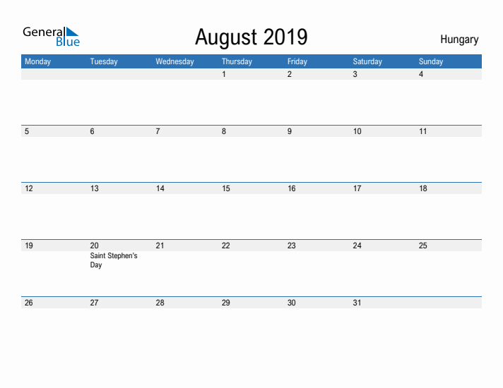 Fillable August 2019 Calendar